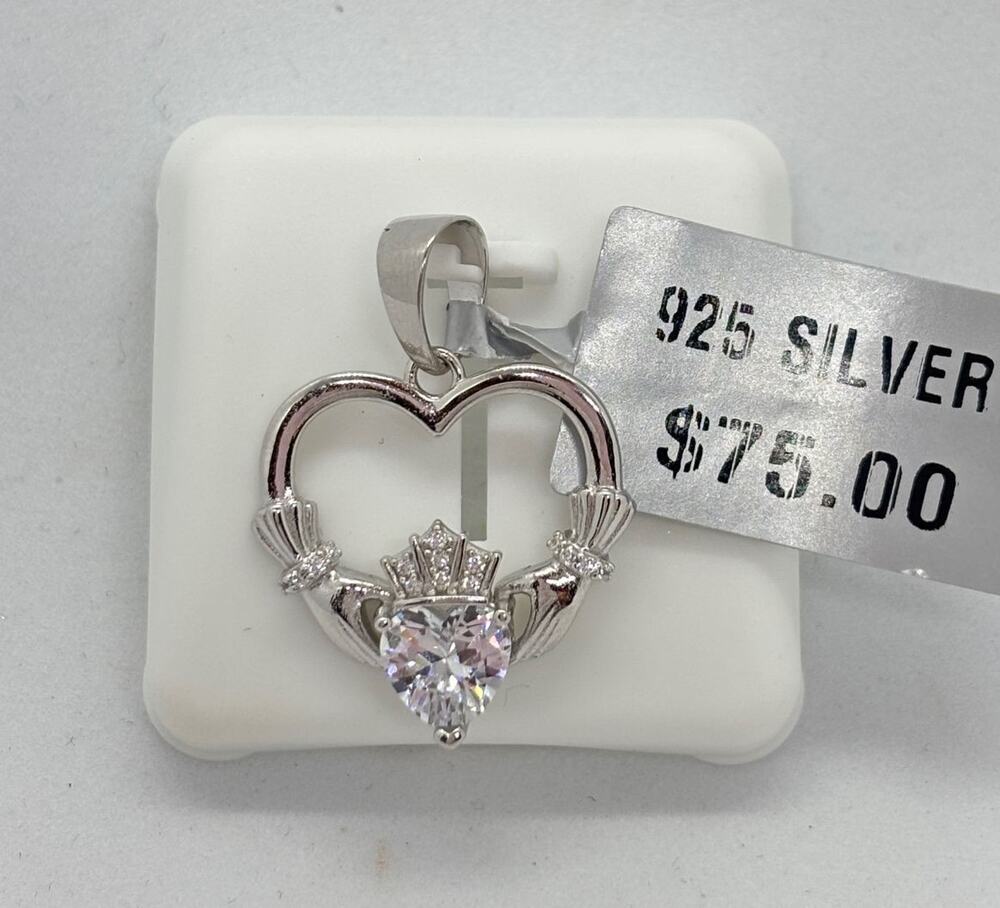 925 Sterling Silver Claddagh Heart Irish Celtic CZ Charm 28mm